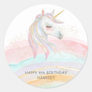Pegatina Redonda Cumpleaños de Unicornio Arcoíris Acuarela Mágica