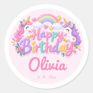 Pegatina Redonda Cumpleaños de Unicornio Mágico 