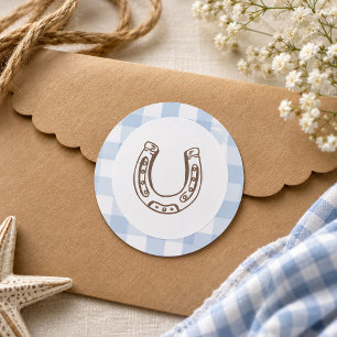 Pegatina Redonda Cumpleaños de vaquero de primer rodeo azul a cuadr