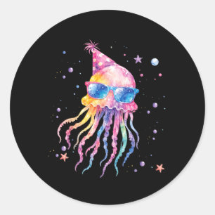 Pegatina Redonda Cumpleaños de verano de sirena medusa coincidente
