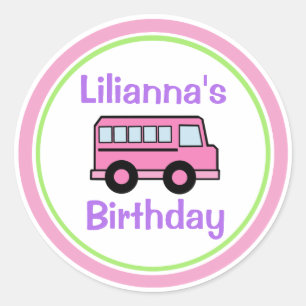 Pegatina Redonda Cumpleaños del autobús escolar rosado