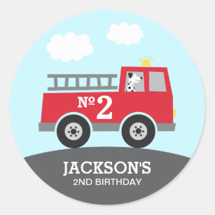 Pegatina Redonda Cumpleaños del camión de bomberos personalizado