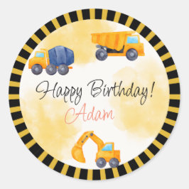 Pegatina Redonda Cumpleaños del camión de construcción