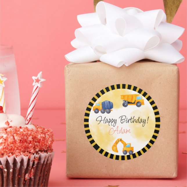 Pegatina Redonda Cumpleaños del camión de construcción (Fiesta)
