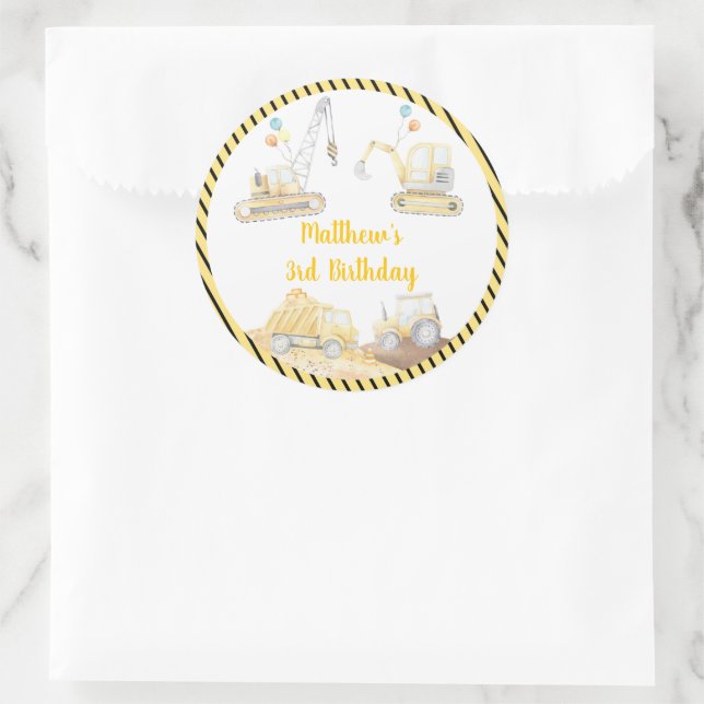 Pegatina Redonda Cumpleaños del camión de excavadores de construcci (Bolso)