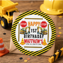 Pegatina Redonda Cumpleaños del camión de volteo de construcción 1e