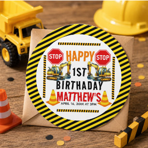 Pegatina Redonda Cumpleaños del camión de volteo de construcción 1e