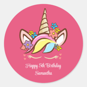 Pegatina Redonda Cumpleaños del Chica colorido de unicornio mágico 