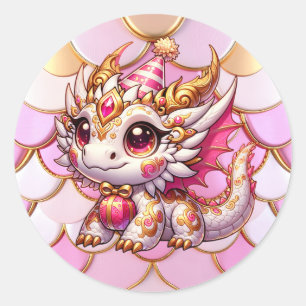 Pegatina Redonda Cumpleaños del Chica Fancy Pink and Gold Dragon
