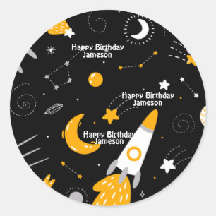 Pegatina Redonda Cumpleaños del cohete espacial Black Night Sky