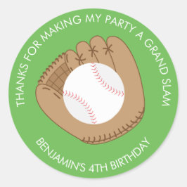 Pegatina Redonda Cumpleaños del equipo de béisbol Mitten y Ball