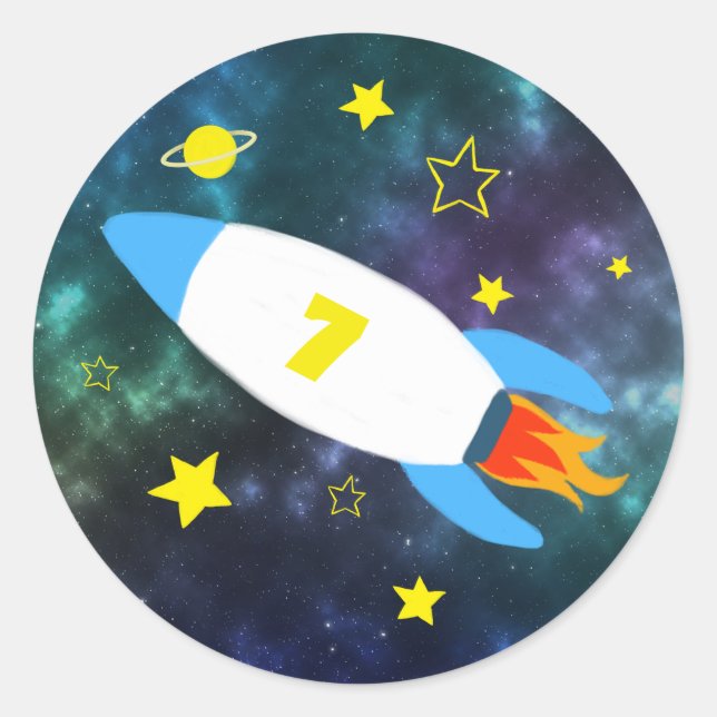Pegatina Redonda cumpleaños del espacio Rocket Star (Anverso)