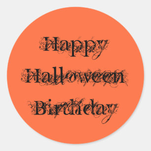 Pegatina Redonda Cumpleaños del feliz Halloween, negro del naranja