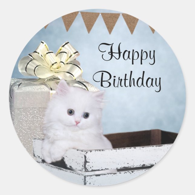 Pegatina Redonda Cumpleaños del gatito persa blanco (Anverso)