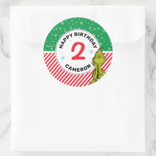 Pegatina Redonda Cumpleaños del Grinch Rojo y Verde con Copos de Ni