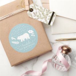 Pegatina Redonda Cumpleaños del invierno azul del oso polar