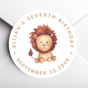 Pegatina Redonda Cumpleaños del León Niño Fiesta Safari Agua Fuerte