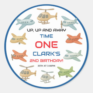 Pegatina Redonda Cumpleaños del niño avión 1er   Fiesta divertida c