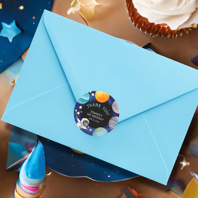Pegatina Redonda Cumpleaños del niño en el espacio exterior gracias (Subido por el creador)