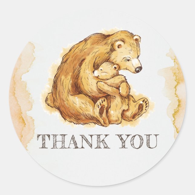 Pegatina Redonda Cumpleaños del Oso de Acuarela Gracias (Anverso)