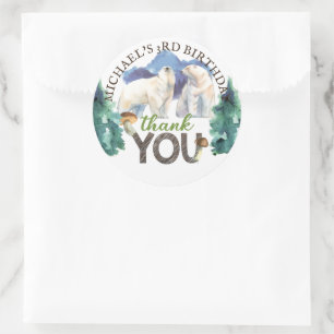 Pegatina Redonda Cumpleaños del Oso Polar Personalizado Gracias