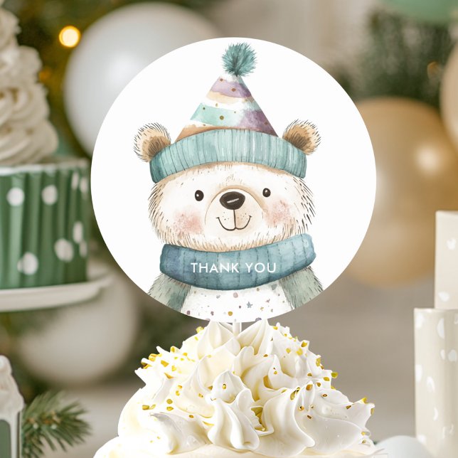 Pegatina Redonda Cumpleaños del Oso Verde | Fiesta Winter Wonderlan (Subido por el creador)