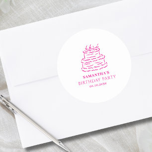 Pegatina Redonda Cumpleaños del Pastel de Doodle con Mano Rosa