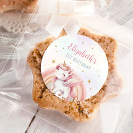 Pegatina Redonda Cumpleaños del Pastel de Oro Rosa de Unicornio