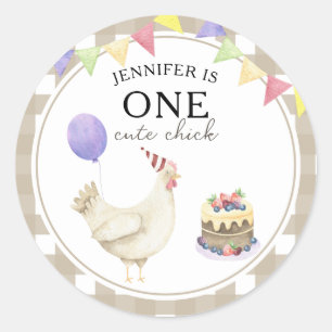 Pegatina Redonda Cumpleaños del pollito al acuarela 1 año