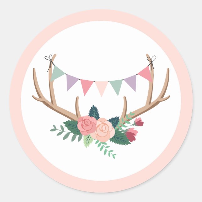 Pegatina Redonda Cumpleaños del Rosa Antlers y del Fiesta Bunting C (Anverso)