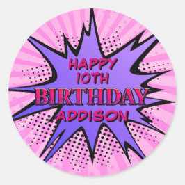 Pegatina Redonda Cumpleaños del Superhéroe de los chicas