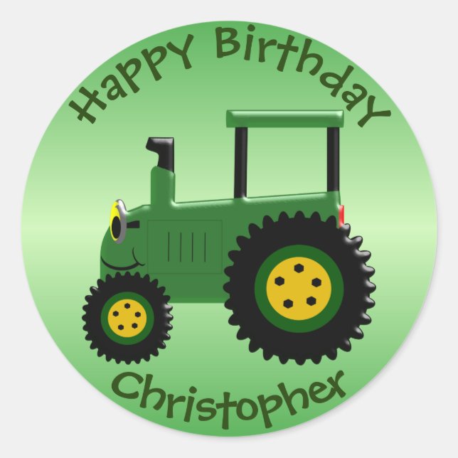 Pegatina Redonda Cumpleaños del Tractor Verde Personalizado (Anverso)