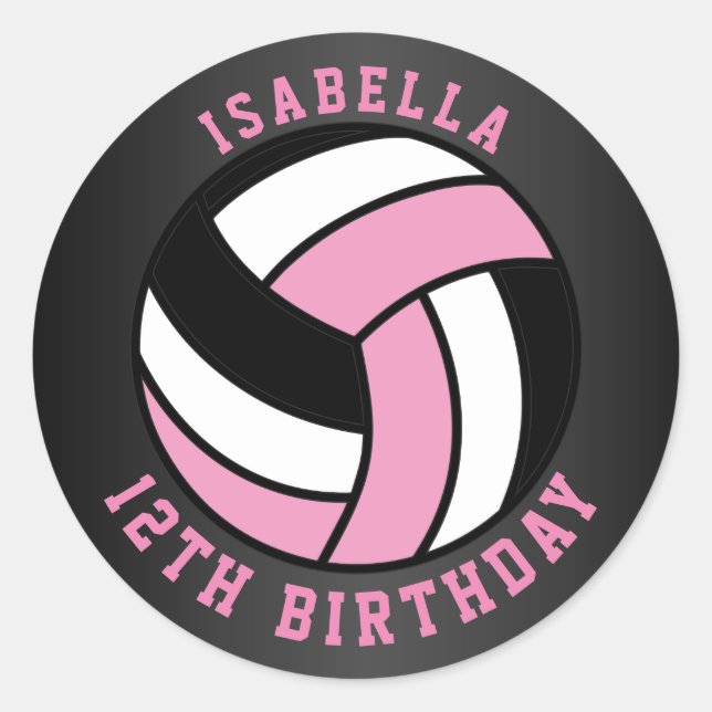 Pegatina Redonda Cumpleaños del voleibol rosa, negro y blanco (Anverso)