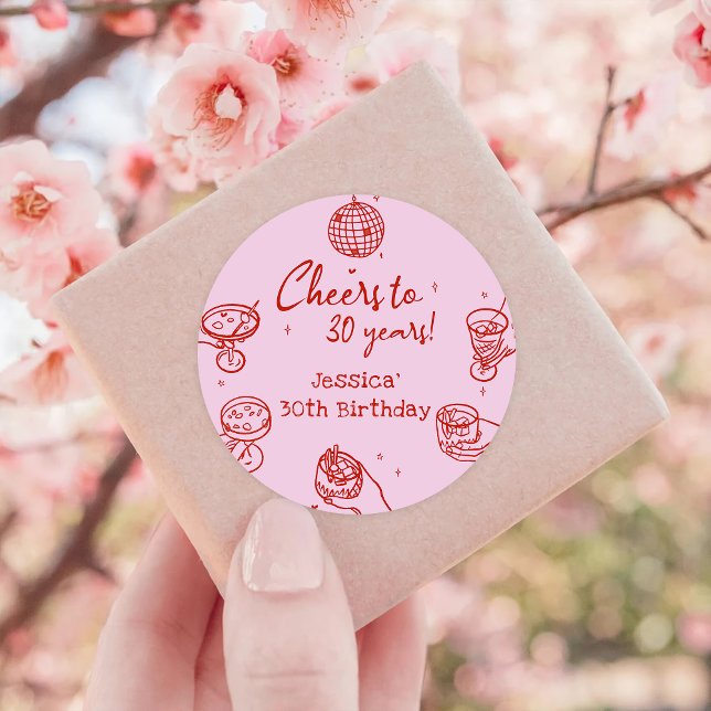 Pegatina Redonda Cumpleaños divertido cóctel retro rosa dibujado a  (Subido por el creador)