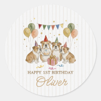 Pegatina Redonda Cumpleaños divertido de Bulldogs acuarela marrón