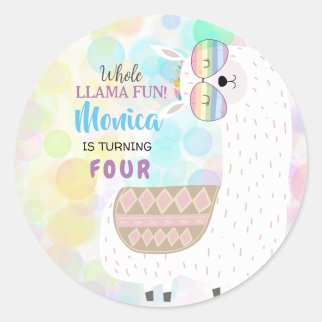 Pegatina Redonda cumpleaños divertidos, coloridos niños de Lama (Anverso)