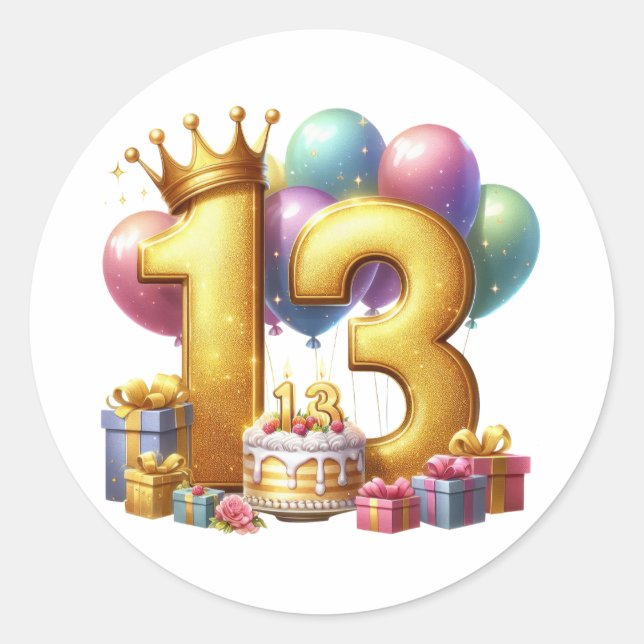Pegatina Redonda Cumpleaños dorado 13 (Anverso)