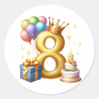 Pegatina Redonda Cumpleaños dorado número 8