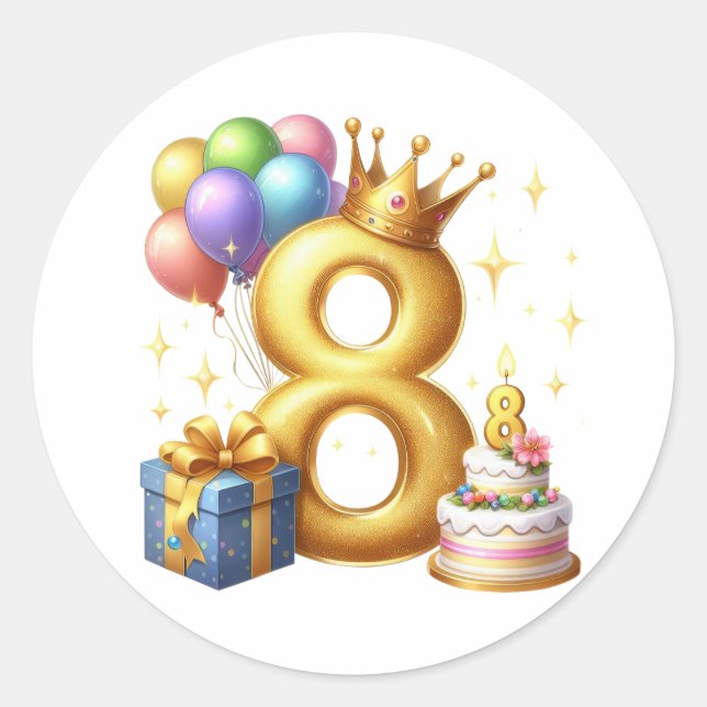 Pegatina Redonda Cumpleaños dorado número 8 (Anverso)