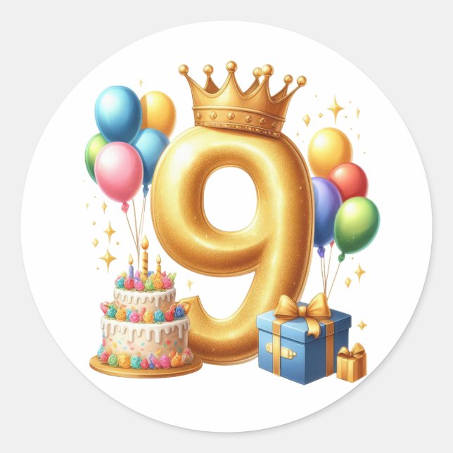Pegatina Redonda Cumpleaños dorado número 9 (Anverso)