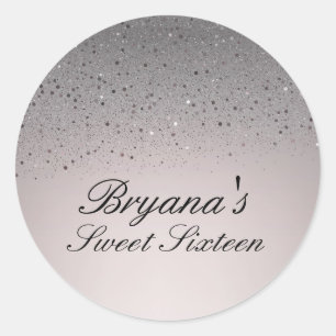 Pegatina Redonda Cumpleaños Dulce 16 Fiesta Rosa Claro Brillo Falso