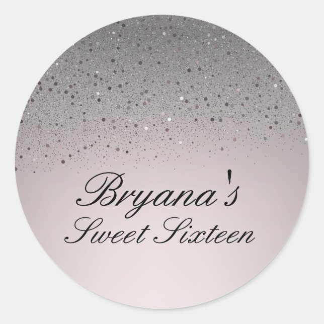 Pegatina Redonda Cumpleaños Dulce 16 Fiesta Rosa Rubor Brillo Falso (Anverso)