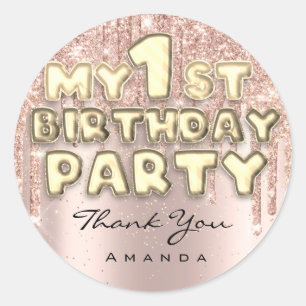 Pegatina Redonda Cumpleaños Dulce 1er Cumpleaños Fiesta Brillo Gote