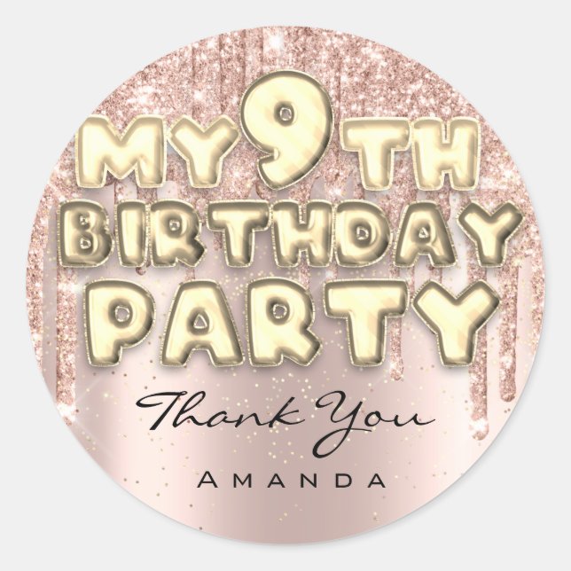 Pegatina Redonda Cumpleaños Dulce 9 Fiesta Brillo Goteo Rosa (Anverso)