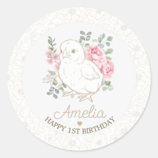 Pegatina Redonda Cumpleaños Dulce Boho Floral Pollito