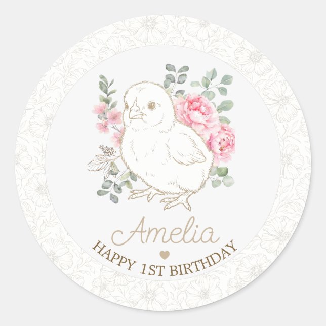 Pegatina Redonda Cumpleaños Dulce Boho Floral Pollito (Anverso)