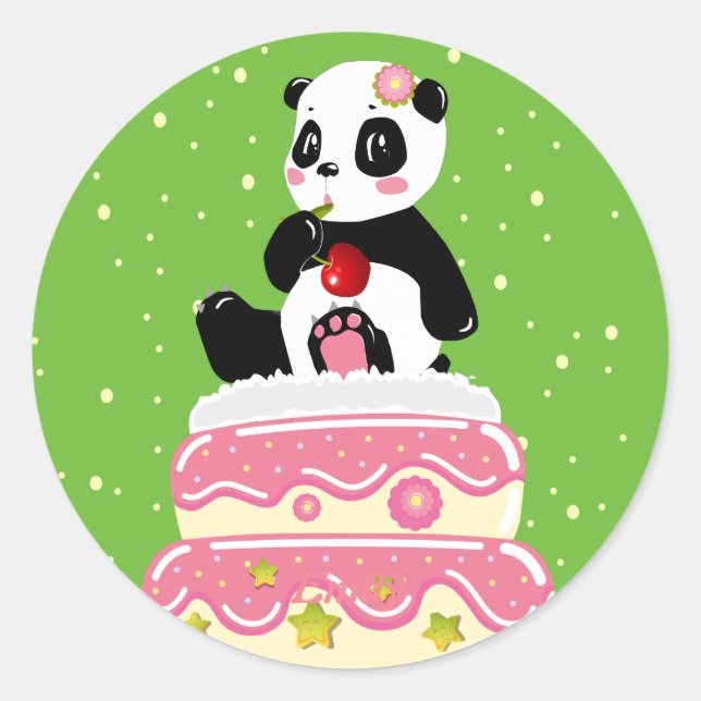 Pegatina Redonda Cumpleaños dulce / Panda lindo con pastel y cereza (Anverso)