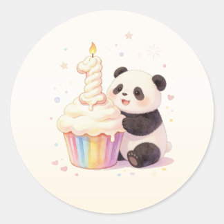 Pegatina Redonda Cumpleaños dulce pastel panda bebé 1