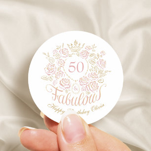 Pegatina Redonda Cumpleaños elegante floral rosa y dorado 50 y fabu