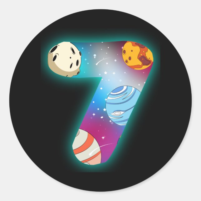 Pegatina Redonda CUMPLEAÑOS ESPACIALES 77º Nacimiento Niño de 7 año (Anverso)